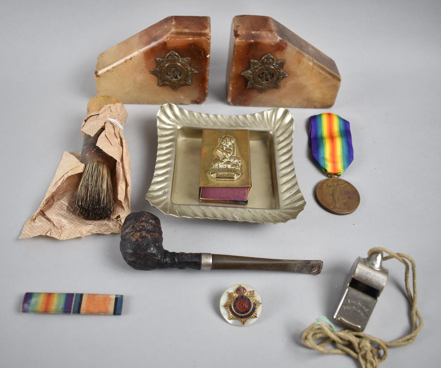 A Collection of WWII Militaria to include Bookends with Royal Army Service Corps Badges, Ashtray and