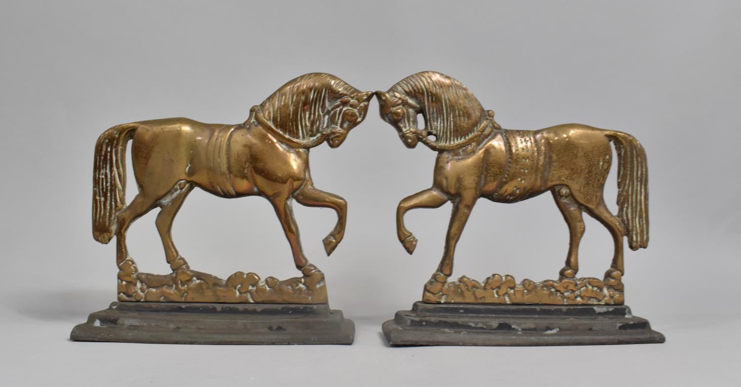 A Pair of Late 19th Century Brass Doorstops/Firesides, Stallions, Stepped Iron Base, Each 24cms Long