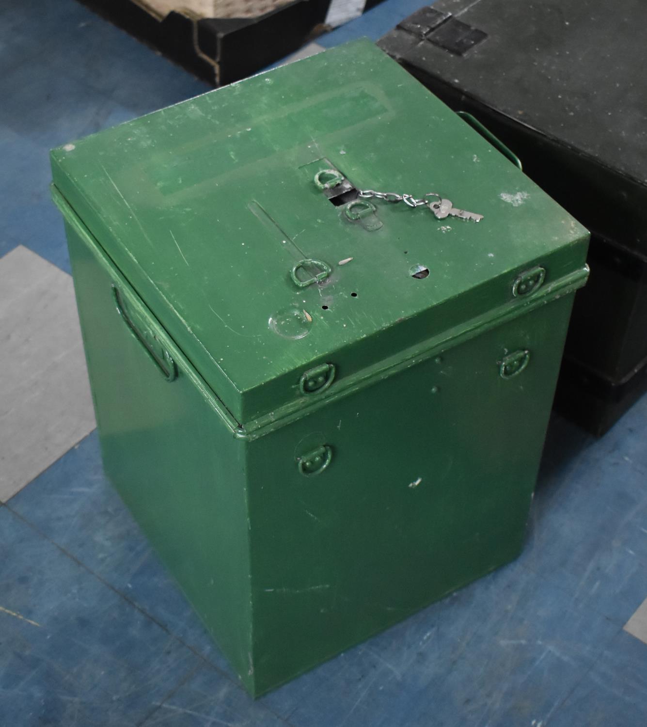 A Green Painted Metal Safety Box, 53cms Wide