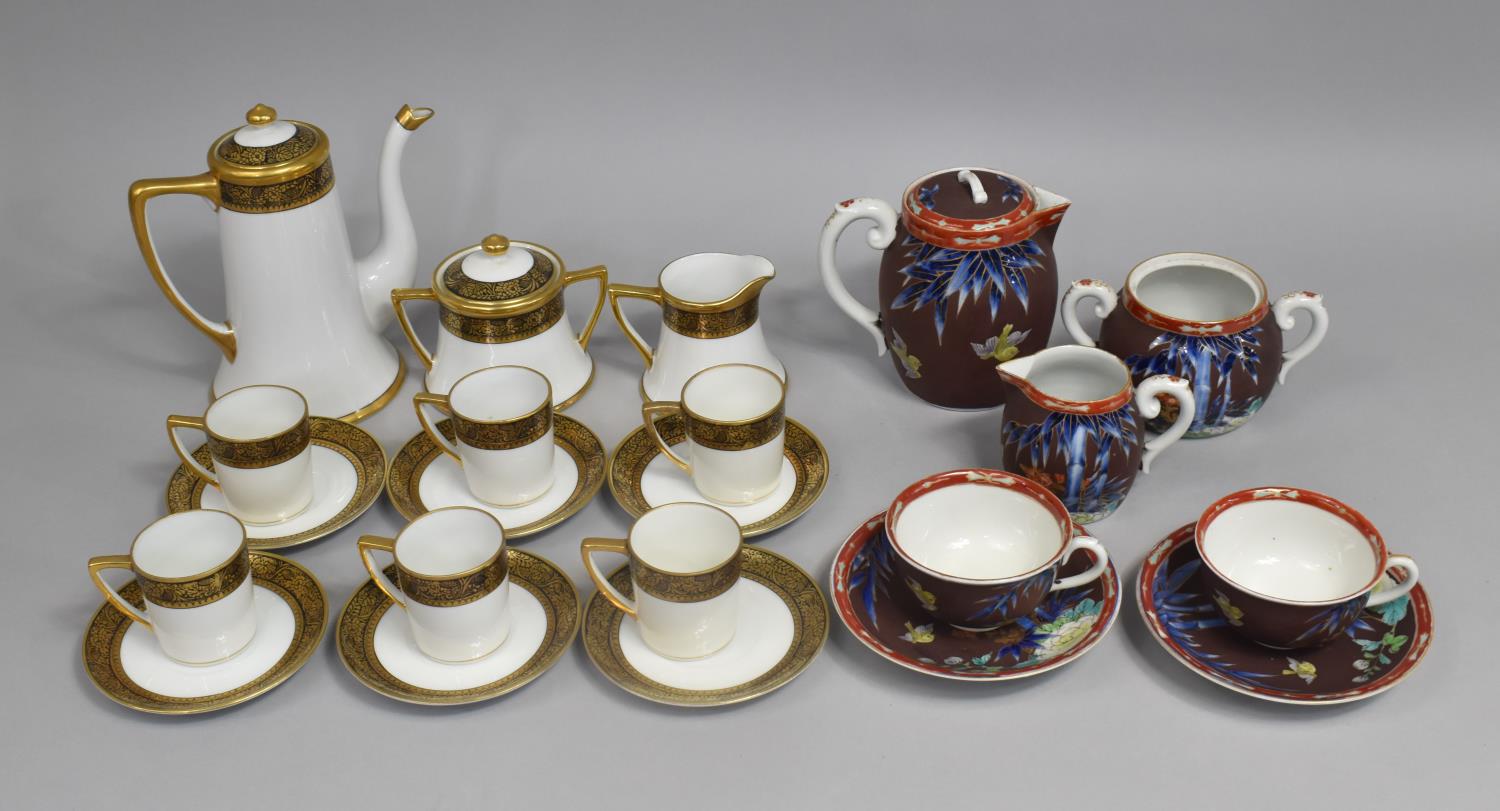 A Noritake Coffee Set Decorated with Floral Gilt on Black Ground Banded Trim together with a Further