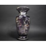 A Silver Overlaid Aubergine Glass Vase decorated with Floral Motif, Baluster Form with Flared Neck