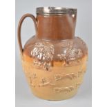 A Silver Topped Salt Glazed Tavern Jug with Hunting Decoration in Relief, 25cms High