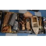 Three Boxes of Various Treen to comprise Small Corner Cabinet, Boxes, African Ornaments Etc