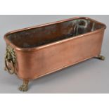 A Small Copper Rectangular Planter with Lion Mask Ring Handles and Claw Feet, 31cms Long