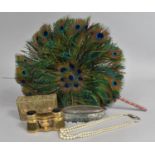 A Peacock Feather Fan, Gilt Opera Glasses, Silver Topped Oval Dressing Table Box inscribed 'From