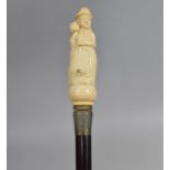 A Reproduction Oriental Carved Bone Handled Walking Cane with Figural Handle having Hinged Panel