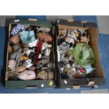Two Boxes of Various Elephant Ornaments, Glassware Etc