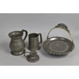 A Pewter Footed Basket having Brass and Pierced Pewter Handle, Together with a Pewter Measure,