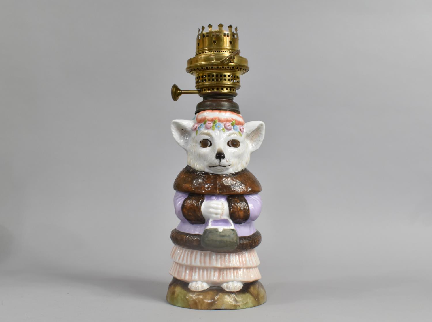 A German Novelty Red Riding Hood Oil Lamp Base, Wolf Dressed in Grandma's Clothes with unusual