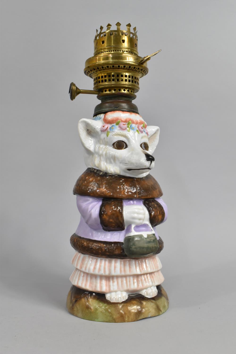 A German Novelty Red Riding Hood Oil Lamp Base, Wolf Dressed in Grandma's Clothes with unusual - Image 2 of 4