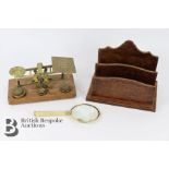 Brass Postal Letter Scales, Letter Rack and Magnifying Glass