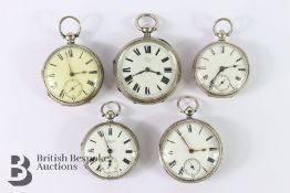 Five Silver Open-Faced Pocket Watches