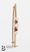 14ct Pearl and Ruby Bar Brooch