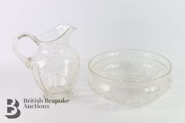 Edwardian Cut-Glass Wash Basin and Pitcher and Faceted Glass