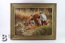 Stephen Cummins Oil on Canvas - Fox and Fox Cubs