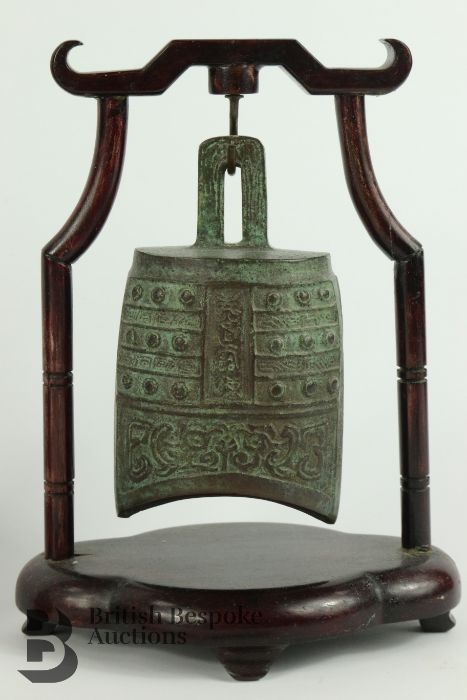 Three Chinese Bronze Figures and Bell - Image 4 of 6