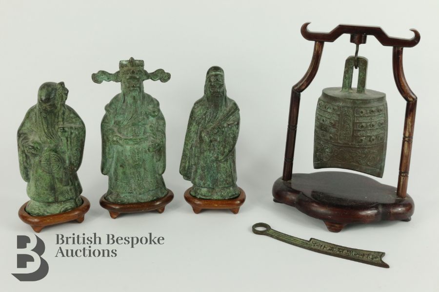 Three Chinese Bronze Figures and Bell