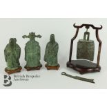 Three Chinese Bronze Figures and Bell