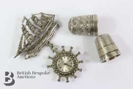 Silver and Marcasite Ships Brooch Watch