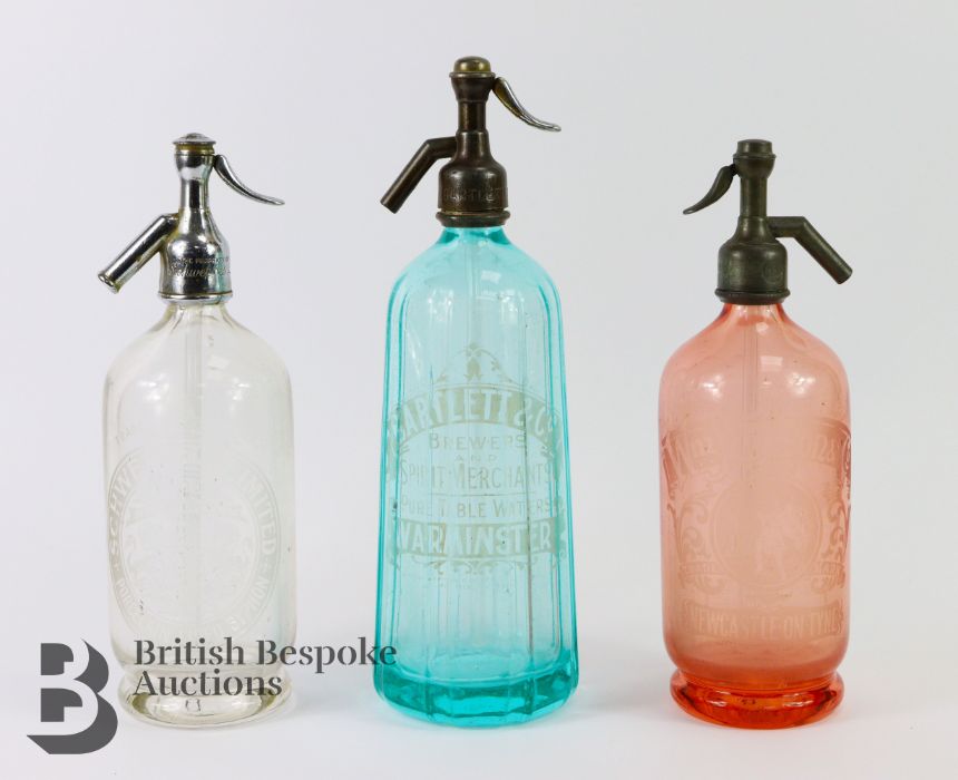 Three Vintage Glass Soda Syphon Bottles