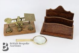 Brass Postal Letter Scales, Letter Rack and Magnifying Glass