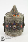 Tibetan Enamel and Metal Work Cylindrical Box and Cover
