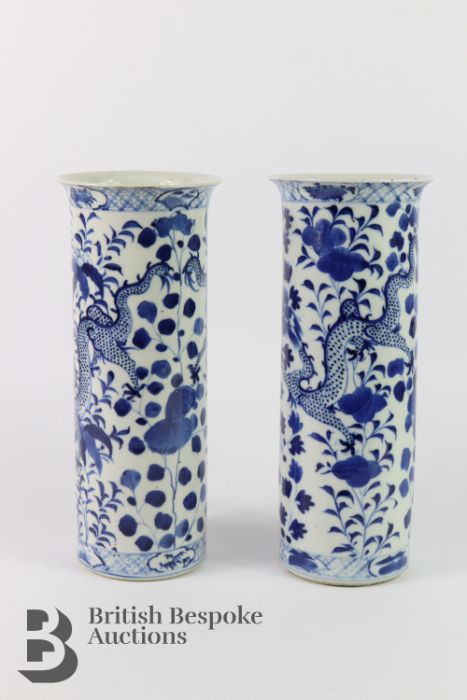 Pair of Chinese Blue and White Pillar Vases - Image 3 of 9