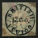 1851 12c pale blue forgery, cut square, some staining.