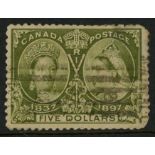 1897 Jubilee $5 olive-green used, thinned, short perfs at top & right corners.