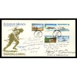 1992 Solomon Is Guadalcanal FDC signed by 3 WWII Fighter Aces J.A.A.