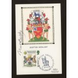 Matt Busby: Autographed on 1987 Scottish Heraldry Benham silk card FDI.