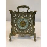 VICTORIAN CAST AND PIERCED BRASS MANTLE CLOCK RGD NO 139583, 17.5CM