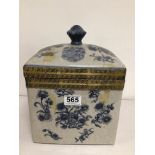 HANDPAINTED BLUE AND WHITE CRACKLE GLAZED LIDDED POT, 29 X 21 X 19CM