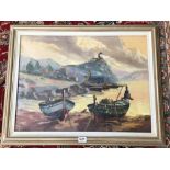 UNSIGNED OIL ON CANVAS OF FISHING BOATS A/F, 83 X 65CM