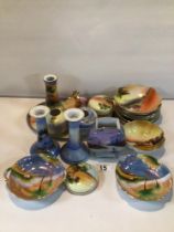 COLLECTION OF NORITAKE WARE PAINTED RIVER LANDSCAPES, INCLUDING PART DRESSING TABLE SET.