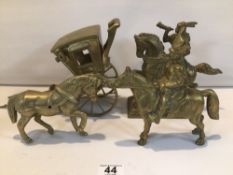 THREE BRASS SCULPTURES OF HORSES WITH FIGURES AND A CARRIAGE.