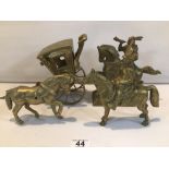 THREE BRASS SCULPTURES OF HORSES WITH FIGURES AND A CARRIAGE.