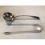 PAIR OF GEORGE III HALLMARKED SILVER SUGAR TONGS WITH A HALLMARKED SILVER SAUCE LADLE, 70 GRAMS