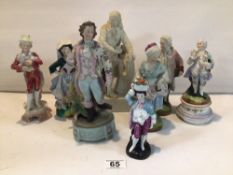 PARIAN FIGURE OF WILLIAM SHAKESPEARE WITH SEVEN VARIOUS CONTINENTAL PORCELAIN FIGURES. THE LARGEST