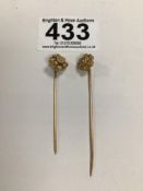 TWO YELLOW METAL WITH SEED PEARLS TIE PINS
