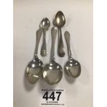 FIVE HALLMARKED SILVER TEASPOONS, INCLUDES GEORGE III BY WILLIAM BATEMAN AND MORE