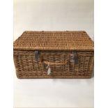 MID-CENTURY WICKER PICNIC HAMPER. WITH STRAPS AND HANDLE. 53CM X 36CM X 23CM.