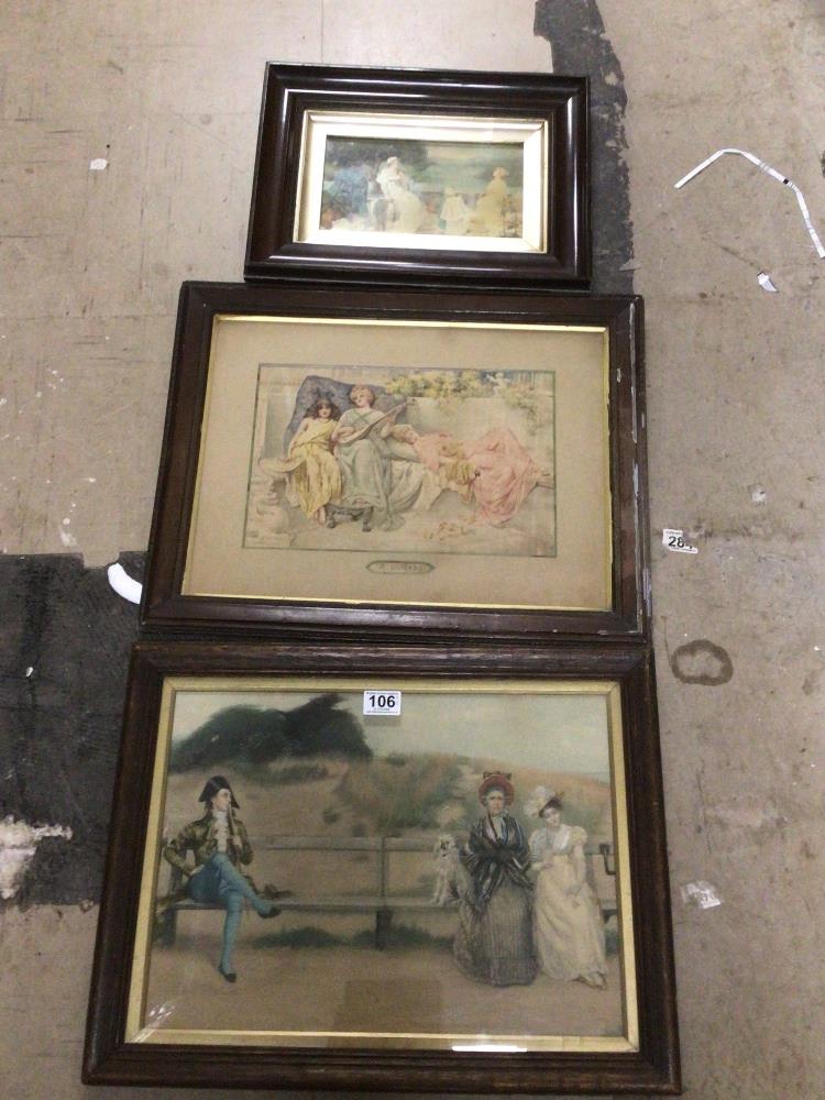 TWO UNSIGNED FRAMED AND GLAZED PRINTS DEPICTING LANDSCAPES AND FIGURES. LARGEST BEING 53CM X 39CM