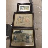TWO UNSIGNED FRAMED AND GLAZED PRINTS DEPICTING LANDSCAPES AND FIGURES. LARGEST BEING 53CM X 39CM