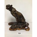 BRONZE CHEETAH ON WOODEN BASE BY T.L.A SOUTH AFRICA, 30CM