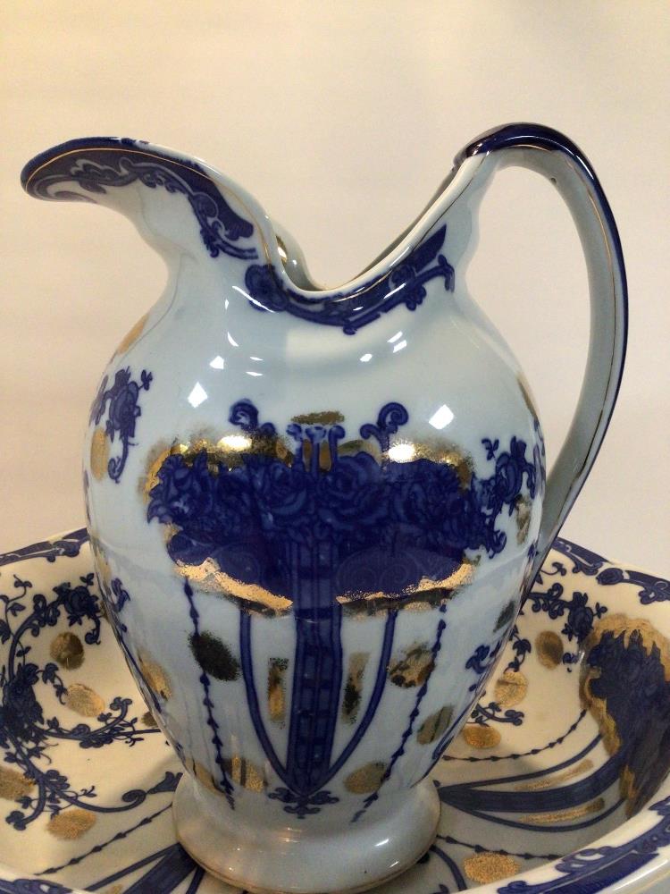 VINTAGE VICTORIA WARE IRONSTONE BLUE AND WHITE FLORAL DESIGN PITCHER AND WATER BASIN SET WITH - Image 2 of 3