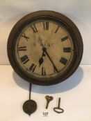 VINTAGE WALL CLOCK A/F WITH ROMAN NUMERALS DIAL. 31CM DIAMETER.