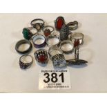 QUANTITY OF SILVER AND WHITE METAL RINGS WITH STONES