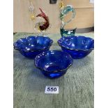 THREE BLUE RIBBON DISHES WITH A MURANO FISH AND DUCK