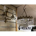 CUT GLASS AND BRASS CHANDELIER WITH A BRASS AND CUT GLASS WALL LIGHT